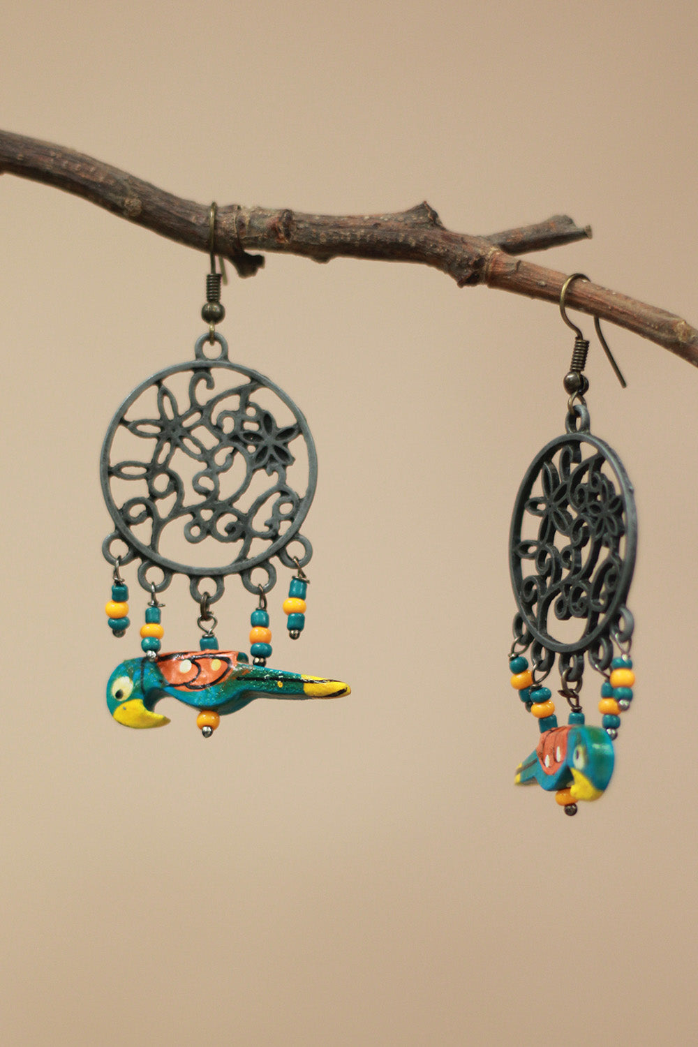 Nakshita | Chidiya Earrings | Teal & Yellow