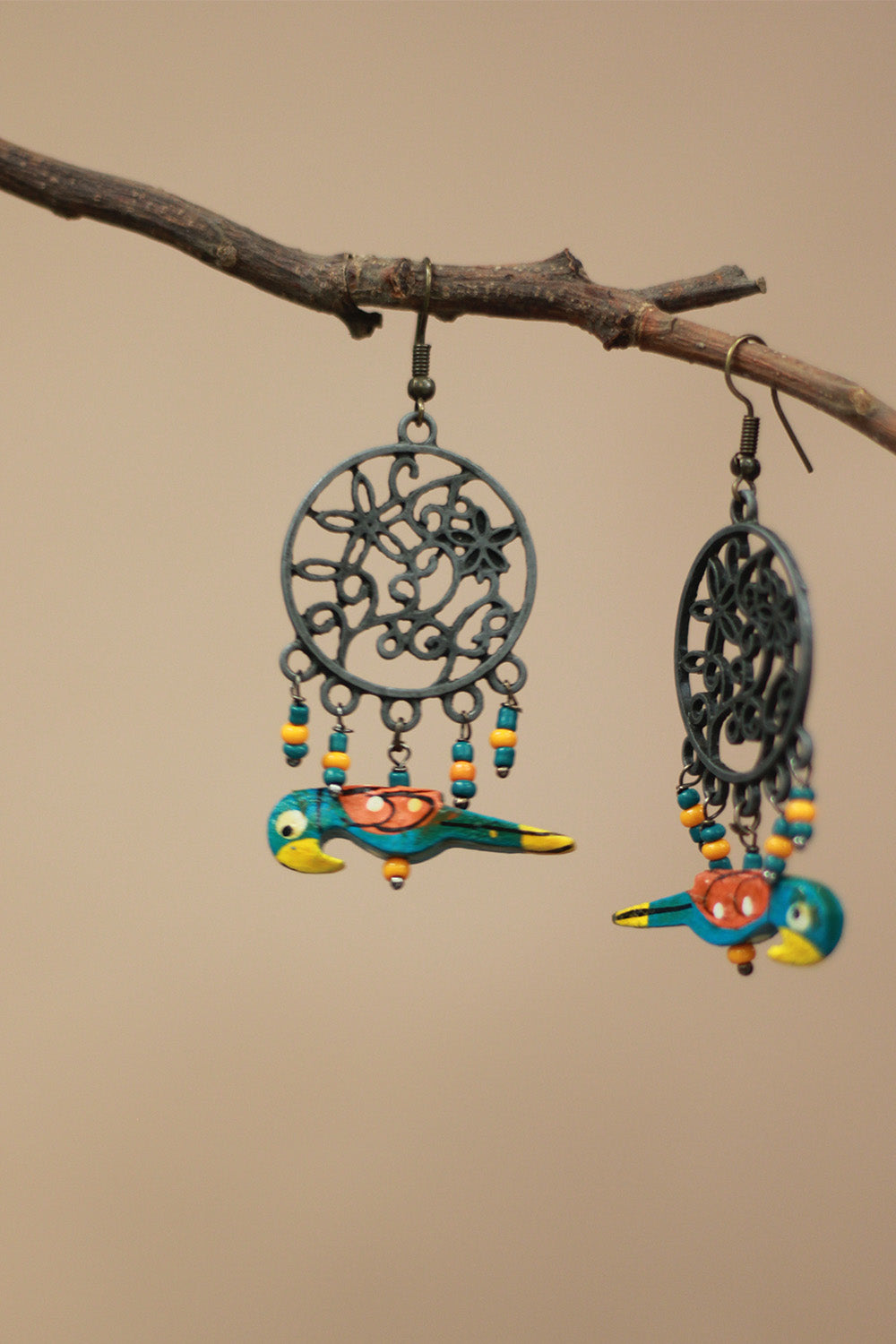 Nakshita | Chidiya Earrings | Teal & Yellow