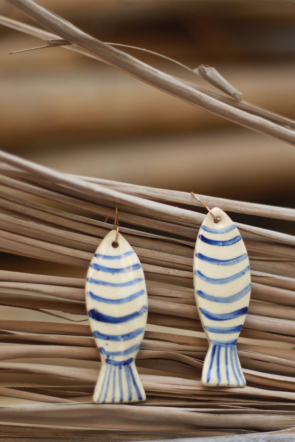 Mrida | Ceramic Earrings | Blue & White Striped Fish