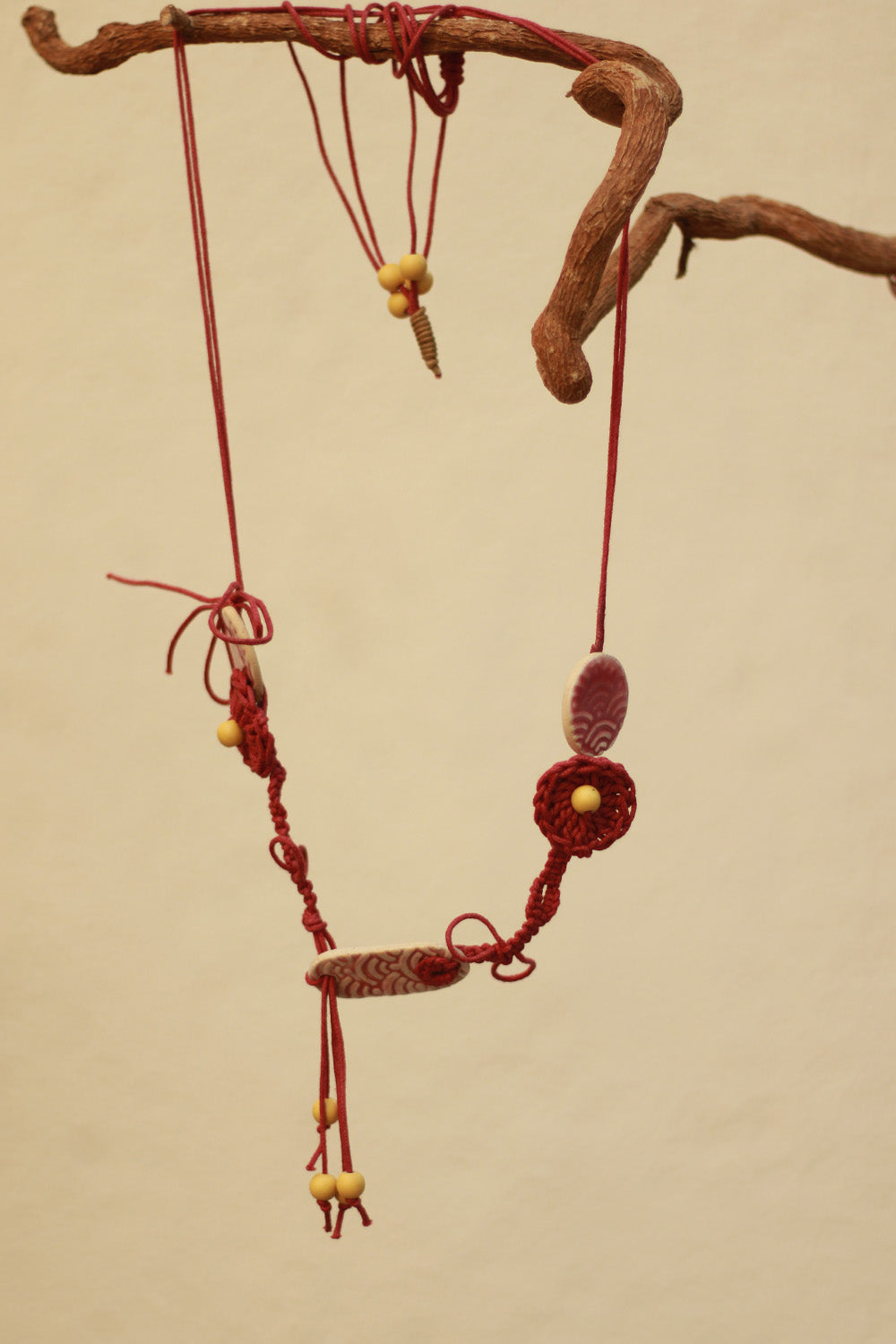 Mrida | Ceramic Necklace | Maroon Disc with Crochet