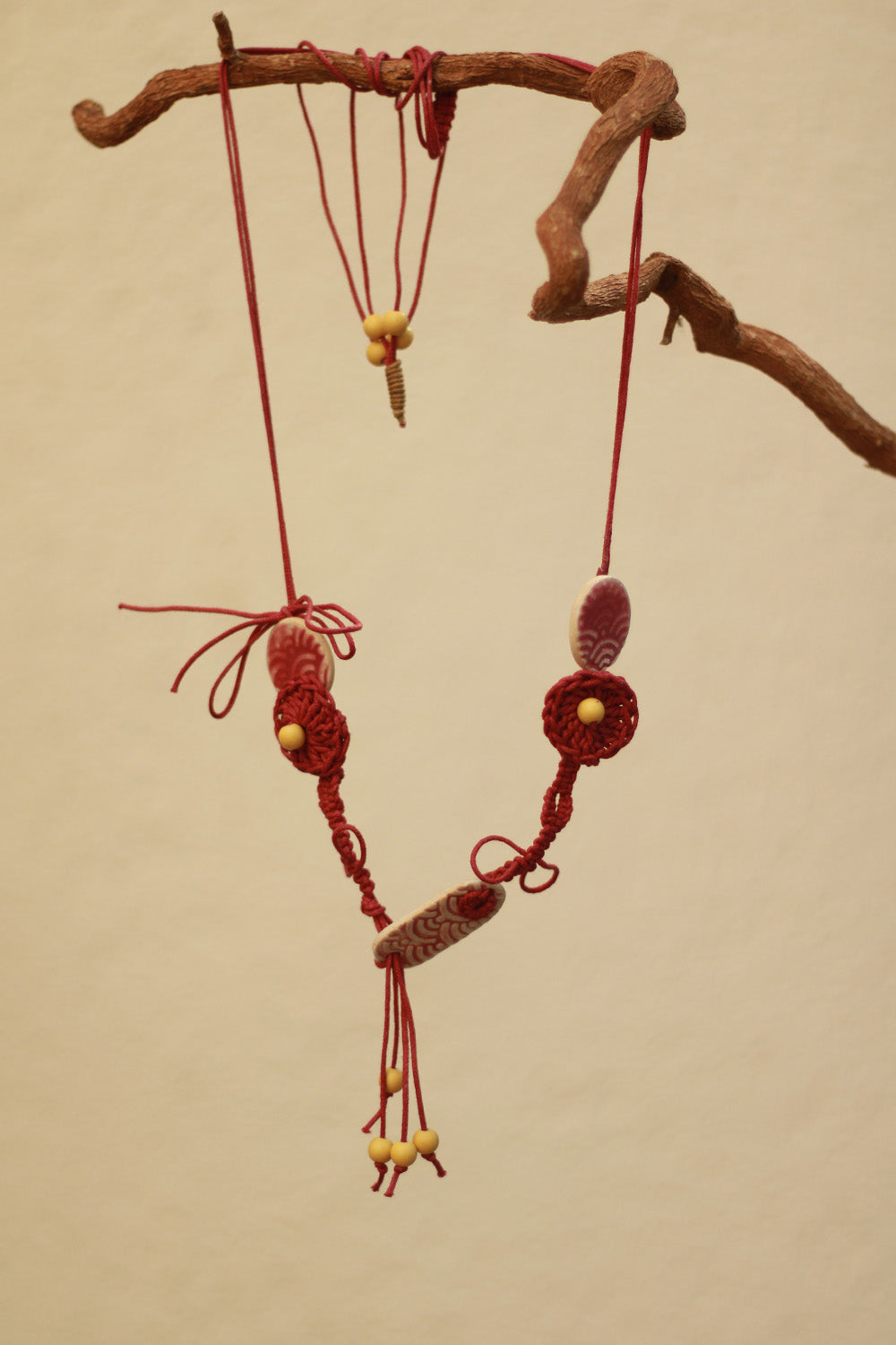 Mrida | Ceramic Necklace | Maroon Disc with Crochet