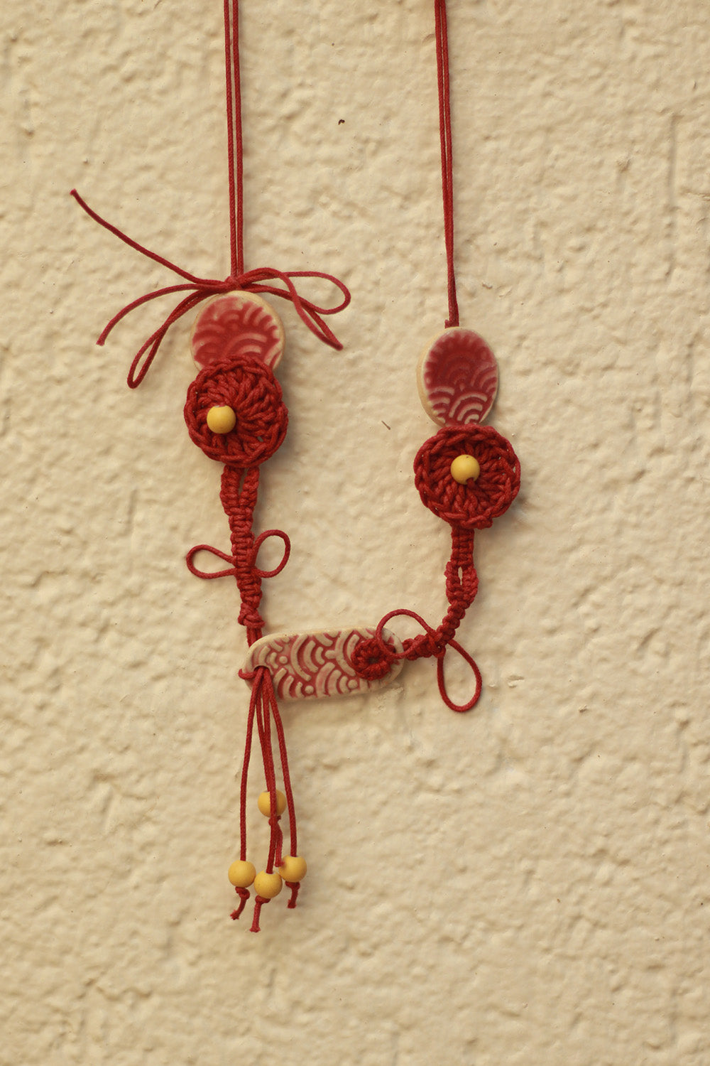 Mrida | Ceramic Necklace | Maroon Disc with Crochet