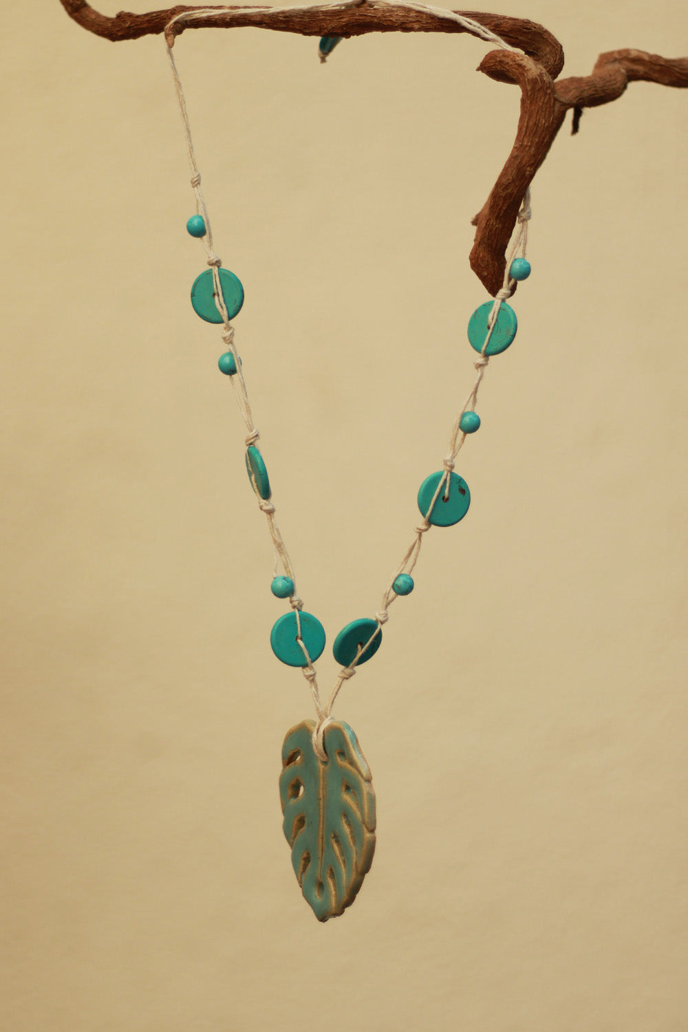 Mrida | Ceramic Necklace | Turquoise Monstera Leaf