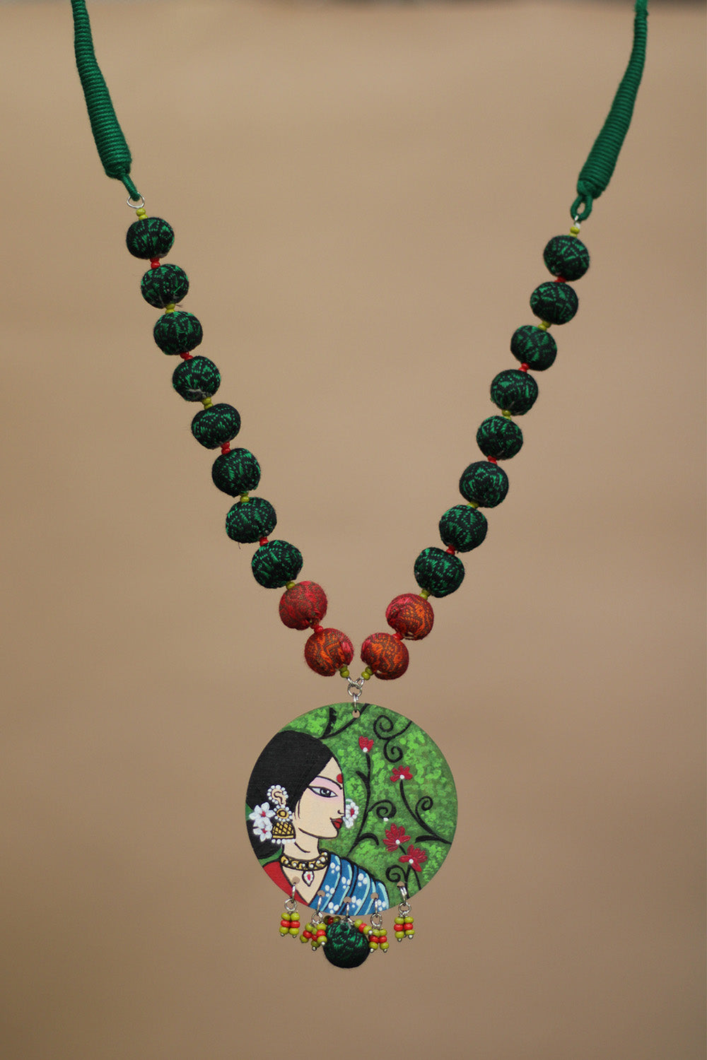 Rangili | Chindi beads necklace | Green Handpainted Pendant