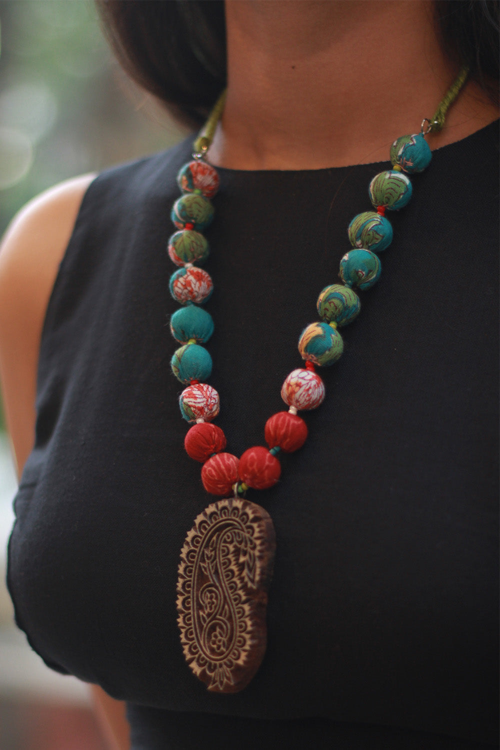 Rangili | Chindi Beads Necklace | Hand-block Pendant