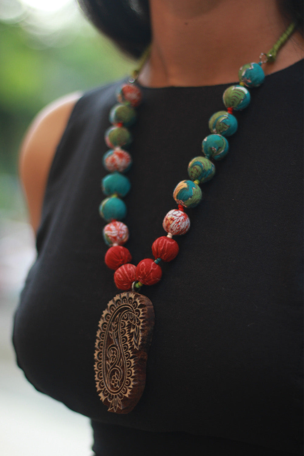 Rangili | Chindi Beads Necklace | Hand-block Pendant