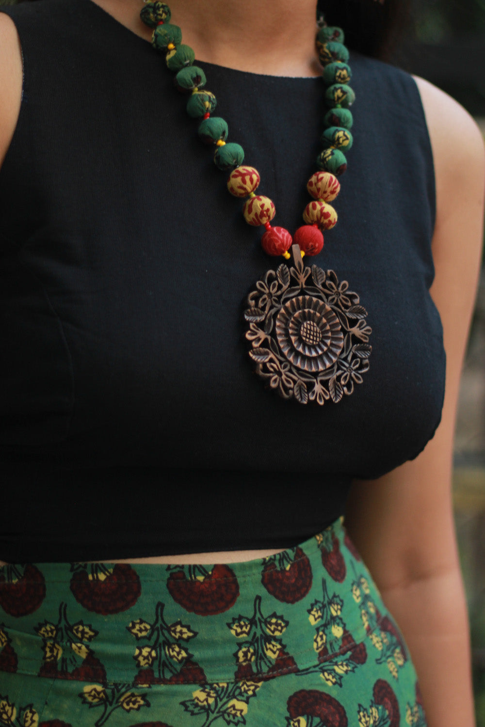 Rangili | Chindi Beads Necklace | Hand-Carved Wooden Pendant