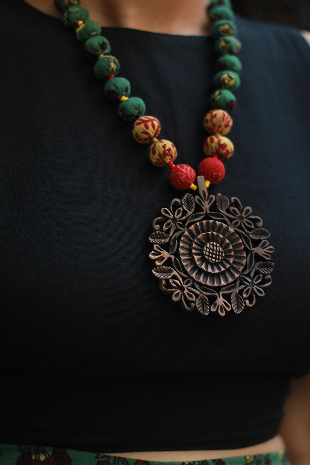 Rangili | Chindi Beads Necklace | Hand-Carved Wooden Pendant