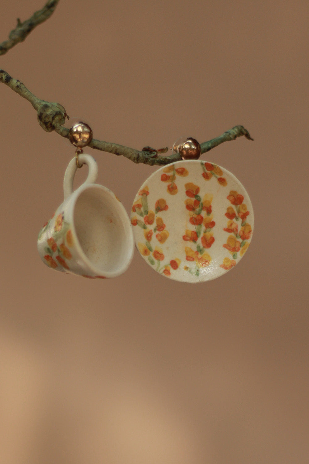 Sadhvi | Ceramic Cup & Saucer Earrings | Yellow Flowers