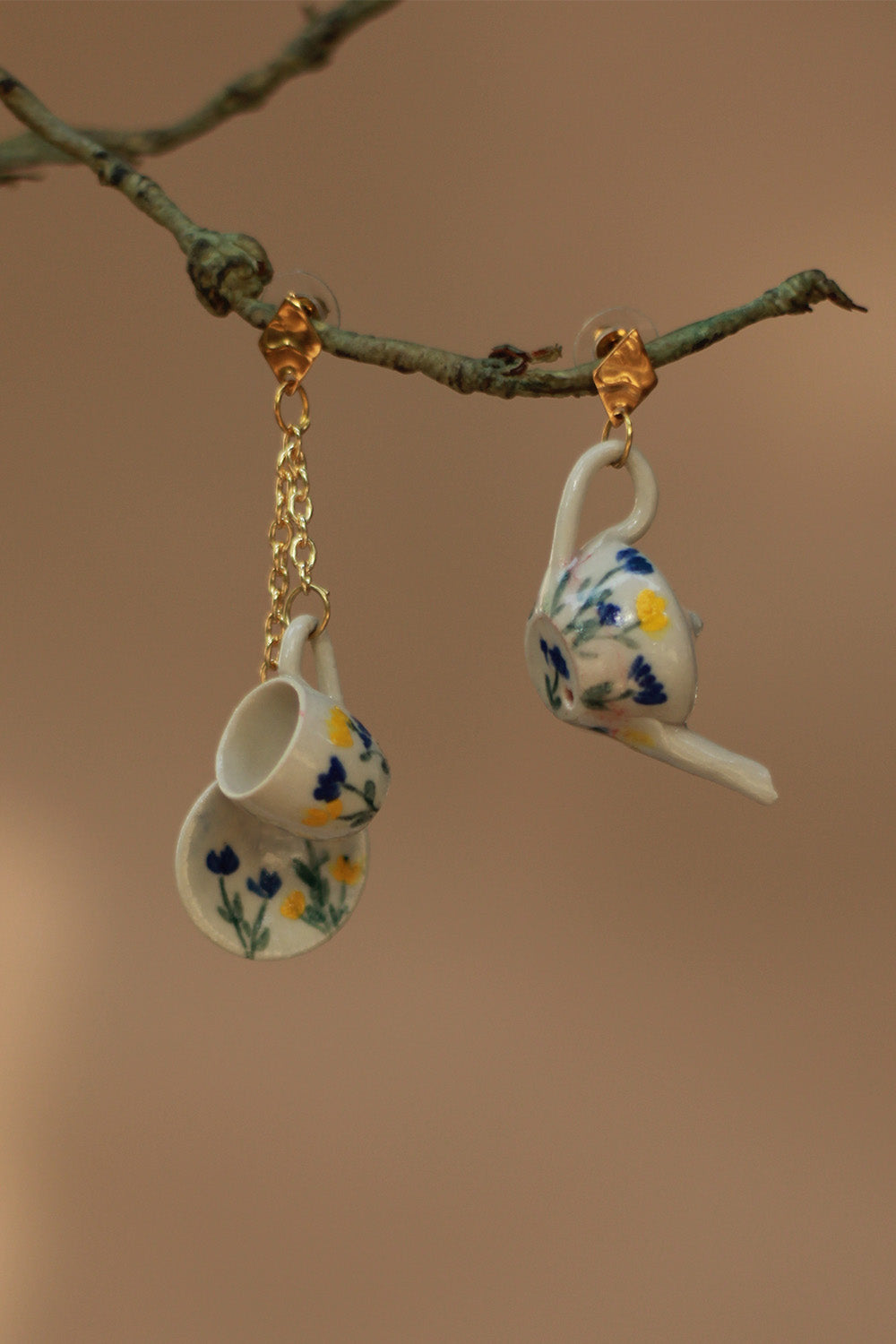 Sadhvi | Ceramic Tea Set Earrings | Yellow Flowers