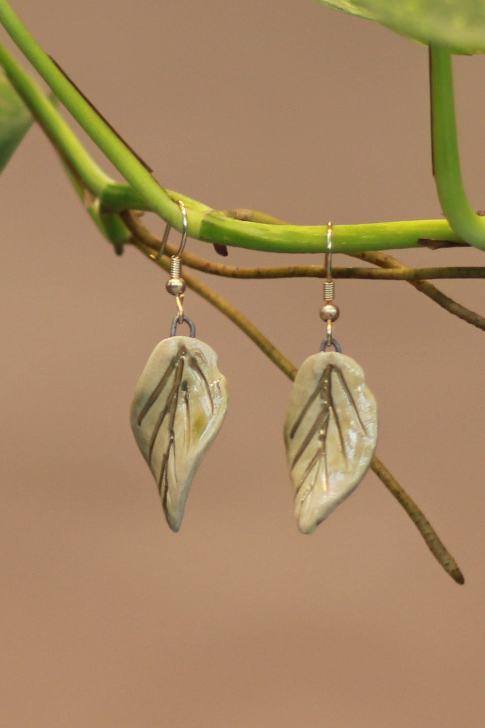 Sadhvi | Ceramic Leaf Earrings | Green with tinge of gold