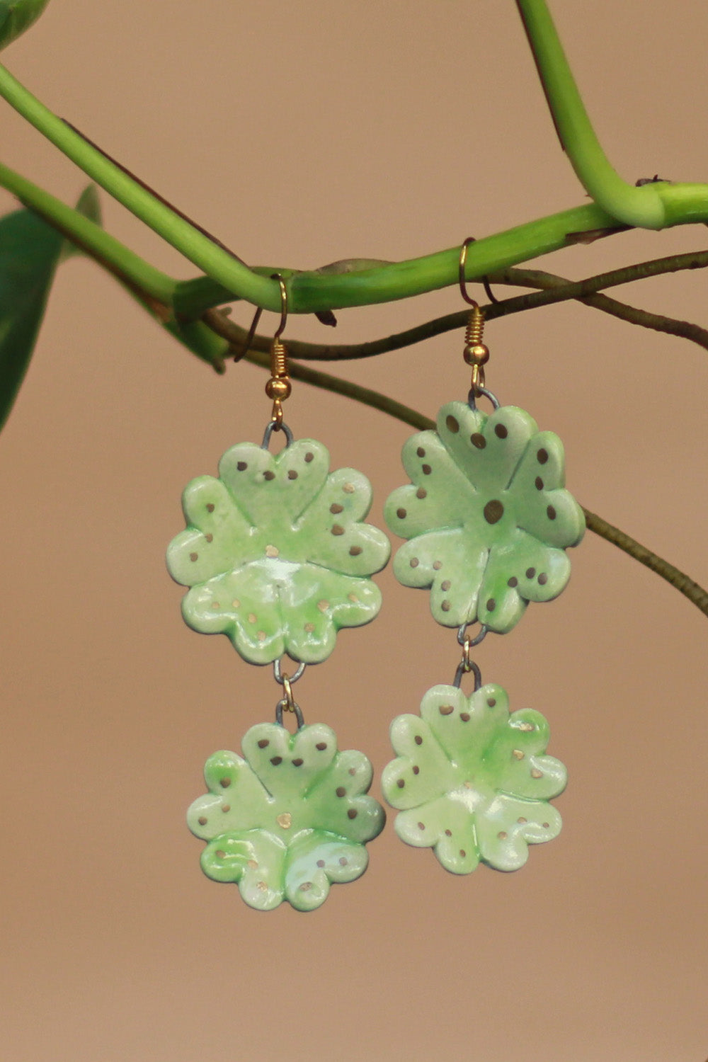 Sadhvi | Ceramic Double Flower Earrings | Pale Green