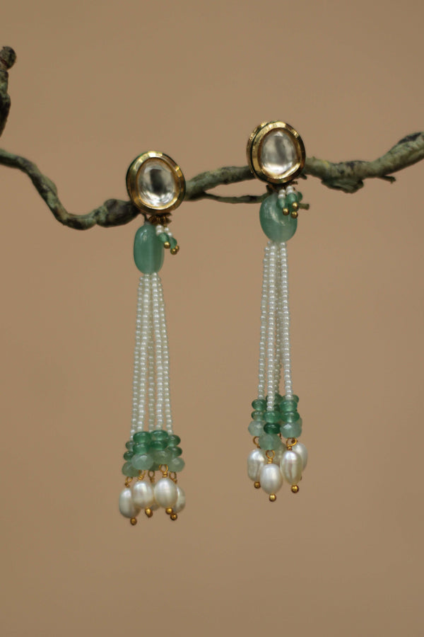 Ilisha | Kundan Earrings | Green & White Tassles