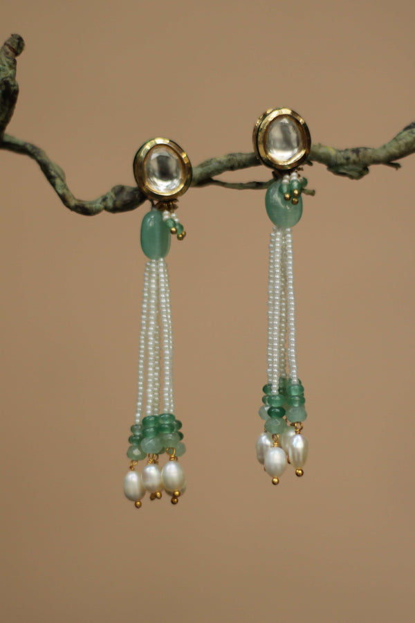 Ilisha | Kundan Earrings | Green & White Tassles