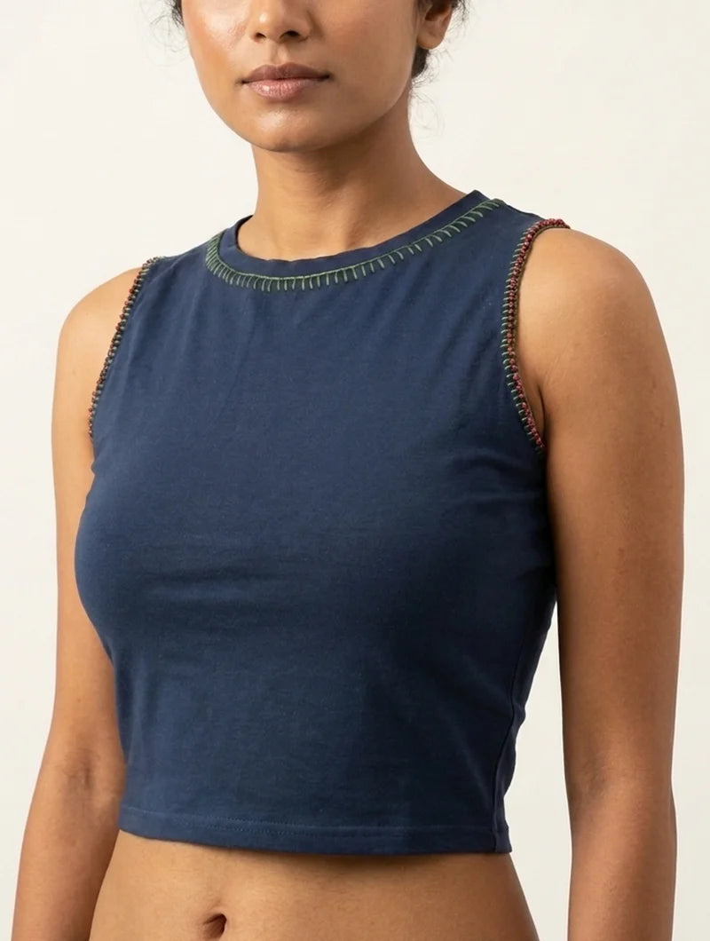 Kirgiti | Stretchable Blouse / Crop Top | Blue with Embroidered Beads
