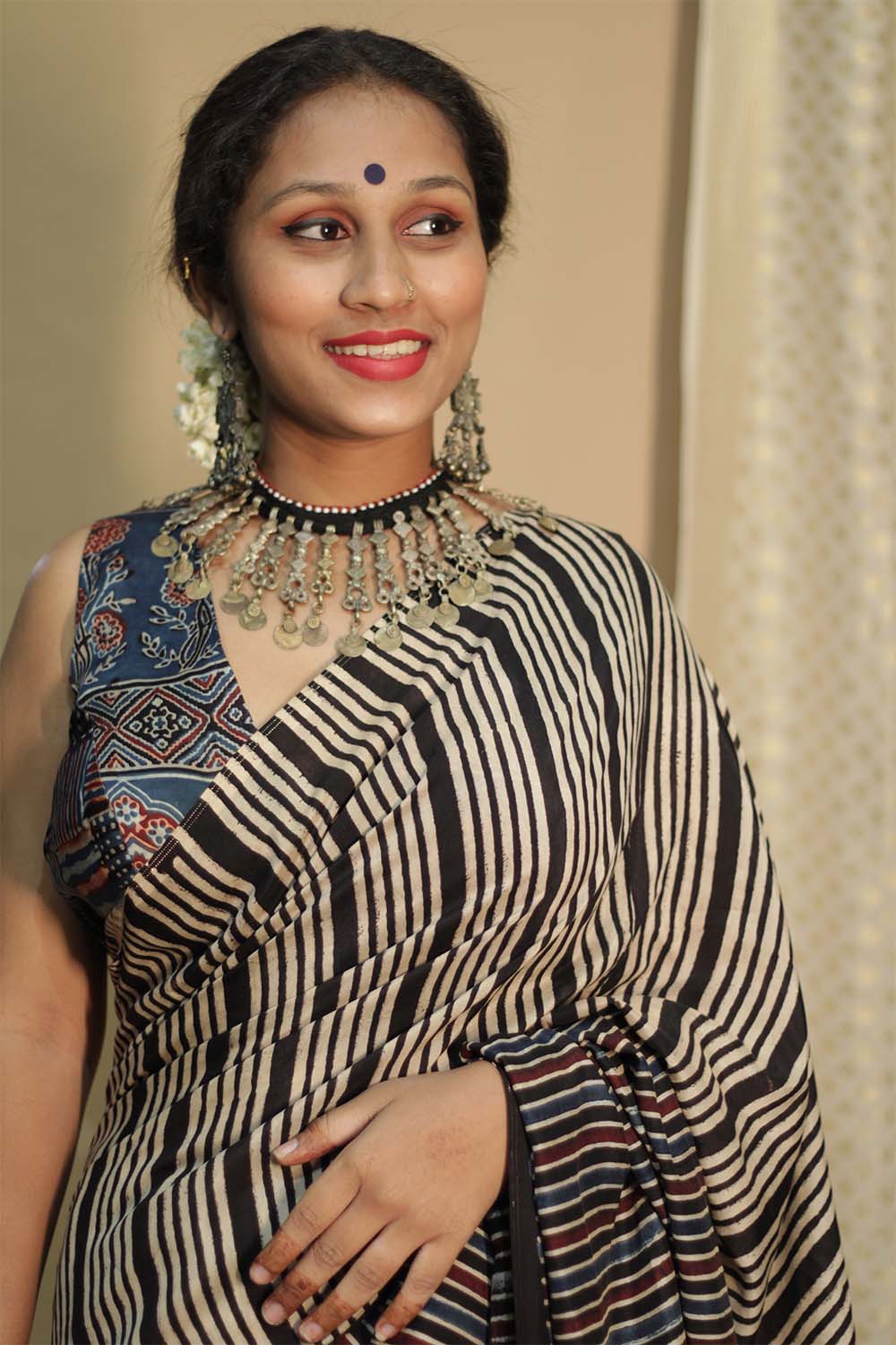 Cotton Silk Saree | Striped Ajrakh