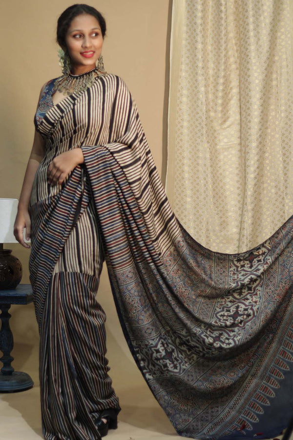 Cotton Silk Saree | Striped Ajrakh
