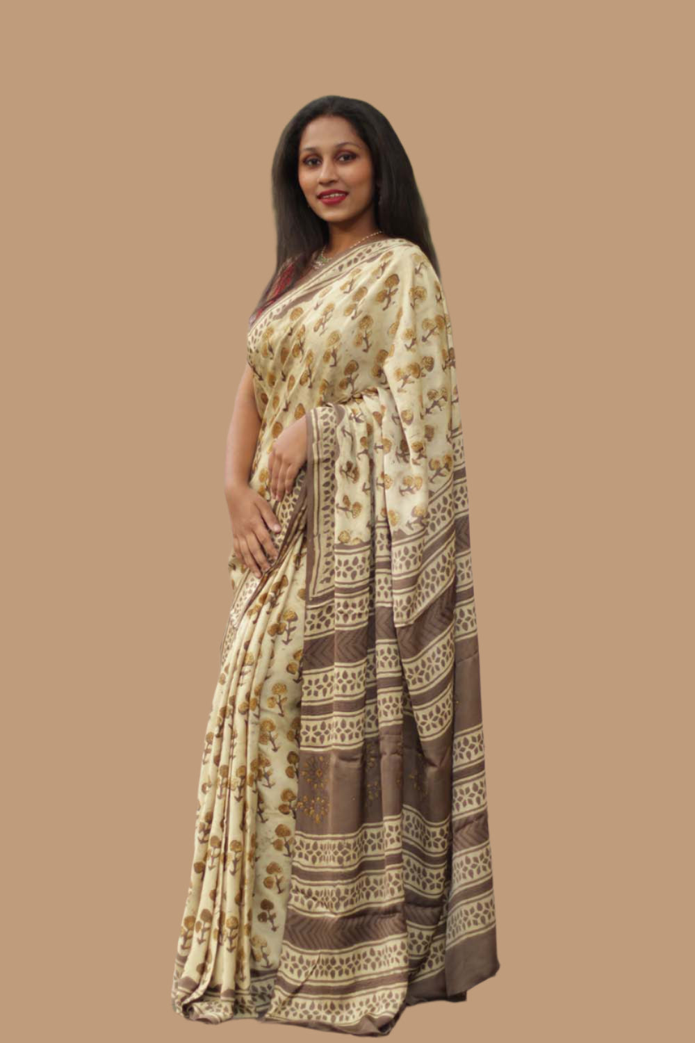 Modal Silk | Bagru Vanaspati Saree | Almond floral