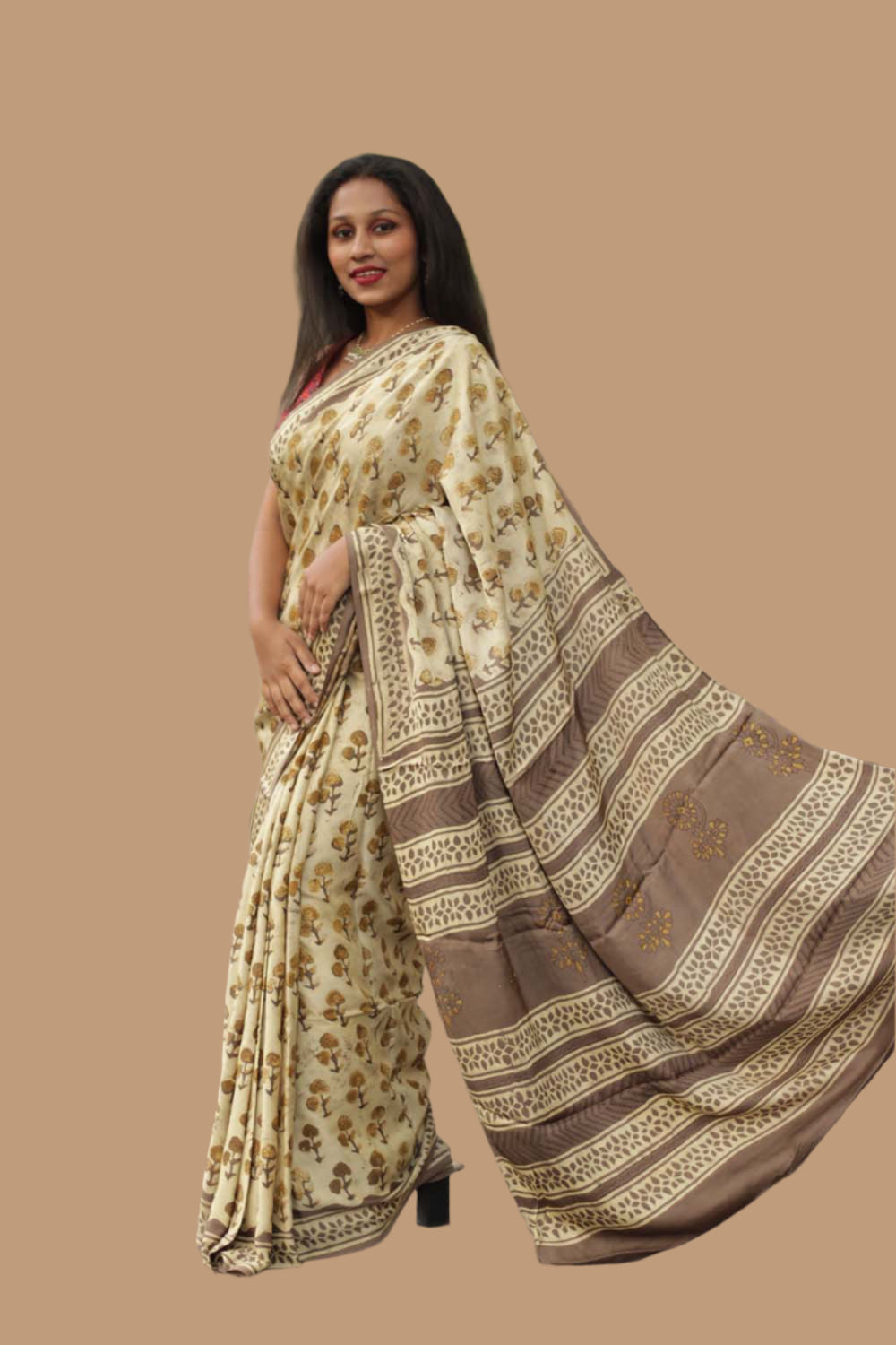 Modal Silk | Bagru Vanaspati Saree | Almond floral