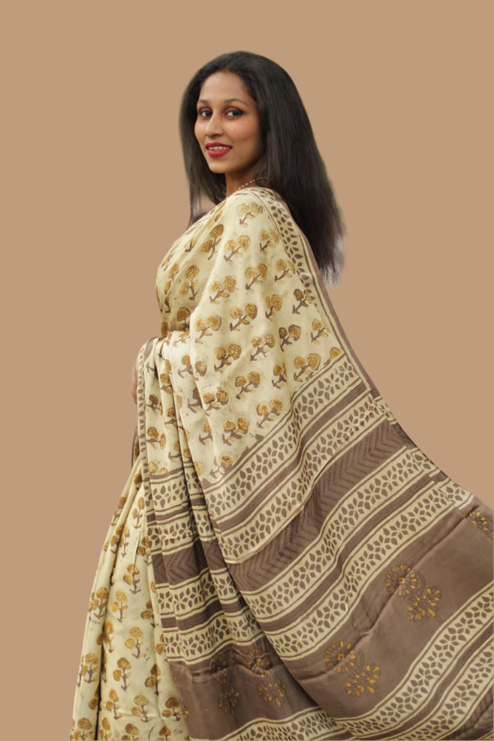 Modal Silk | Bagru Vanaspati Saree | Almond floral