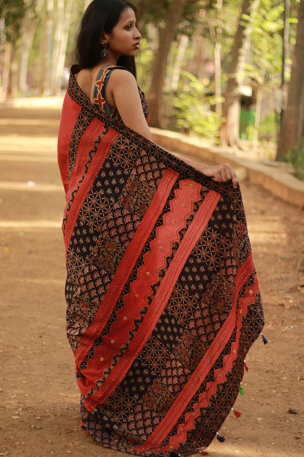 Ajrakh Patchwork Cotton Saree | Red & Black