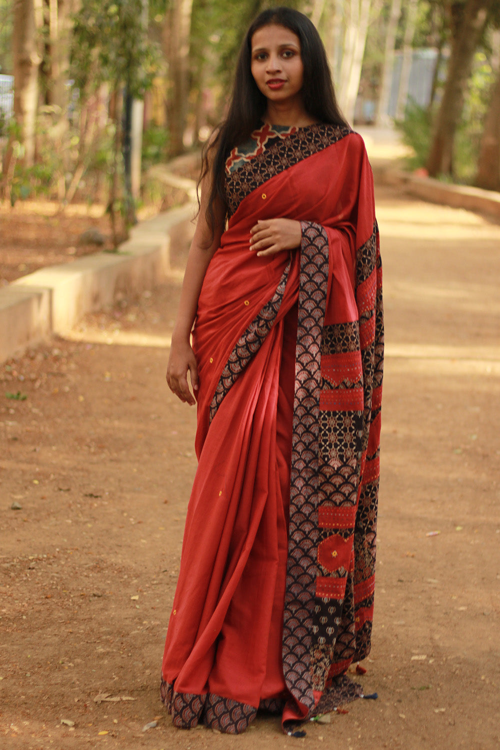 Ajrakh Patchwork Cotton Saree | Red & Black
