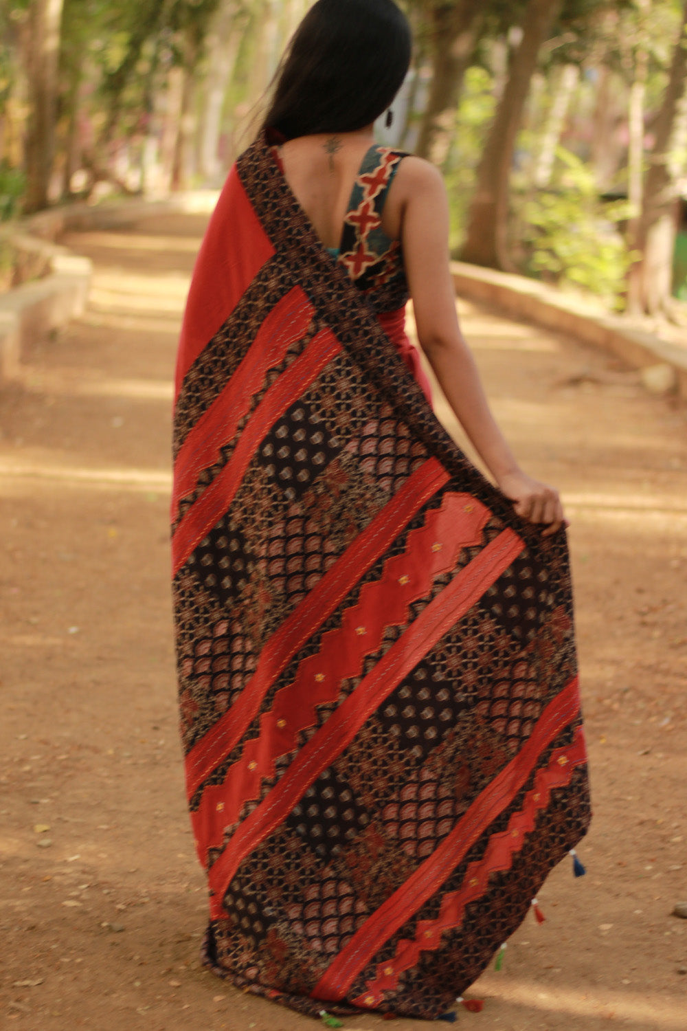 Ajrakh Patchwork Cotton Saree | Red & Black