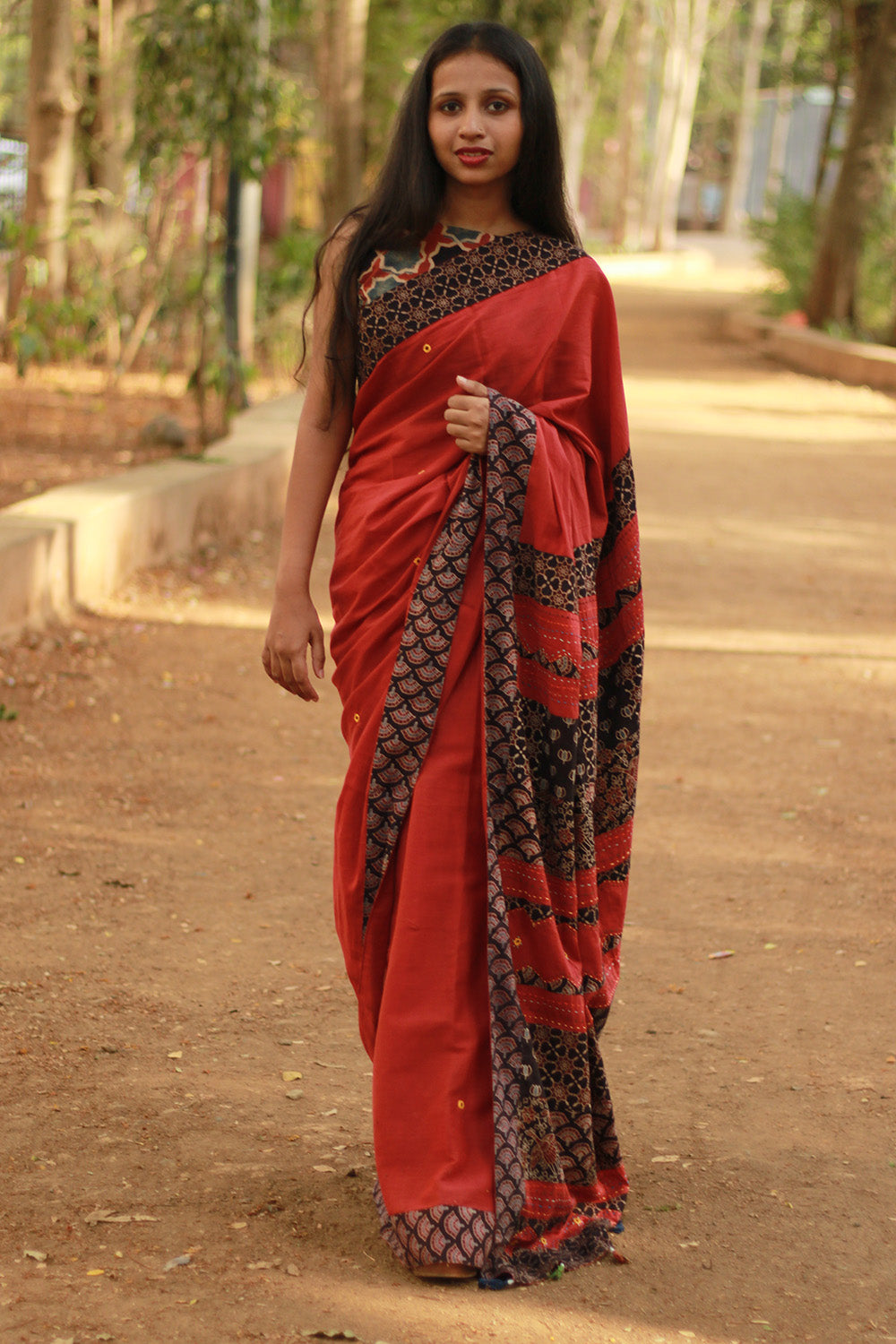 Ajrakh Patchwork Cotton Saree | Red & Black