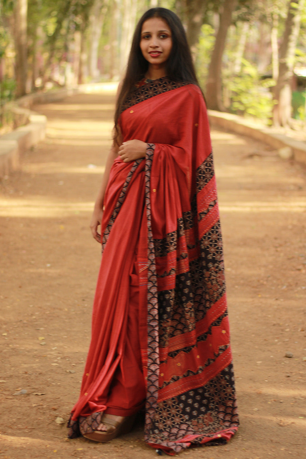 Ajrakh Patchwork Cotton Saree | Red & Black