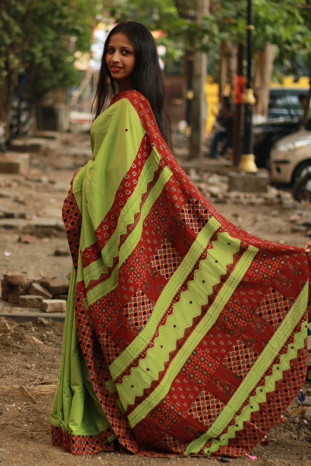 Ajrakh Patchwork Cotton Saree | Parrot Green & Rust Ajrakh