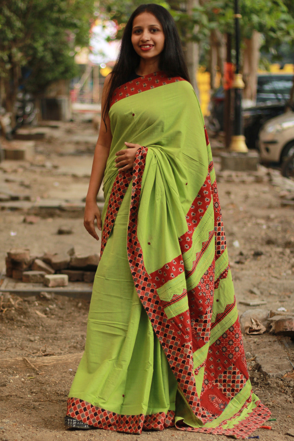 Ajrakh Patchwork Cotton Saree | Parrot Green & Rust Ajrakh