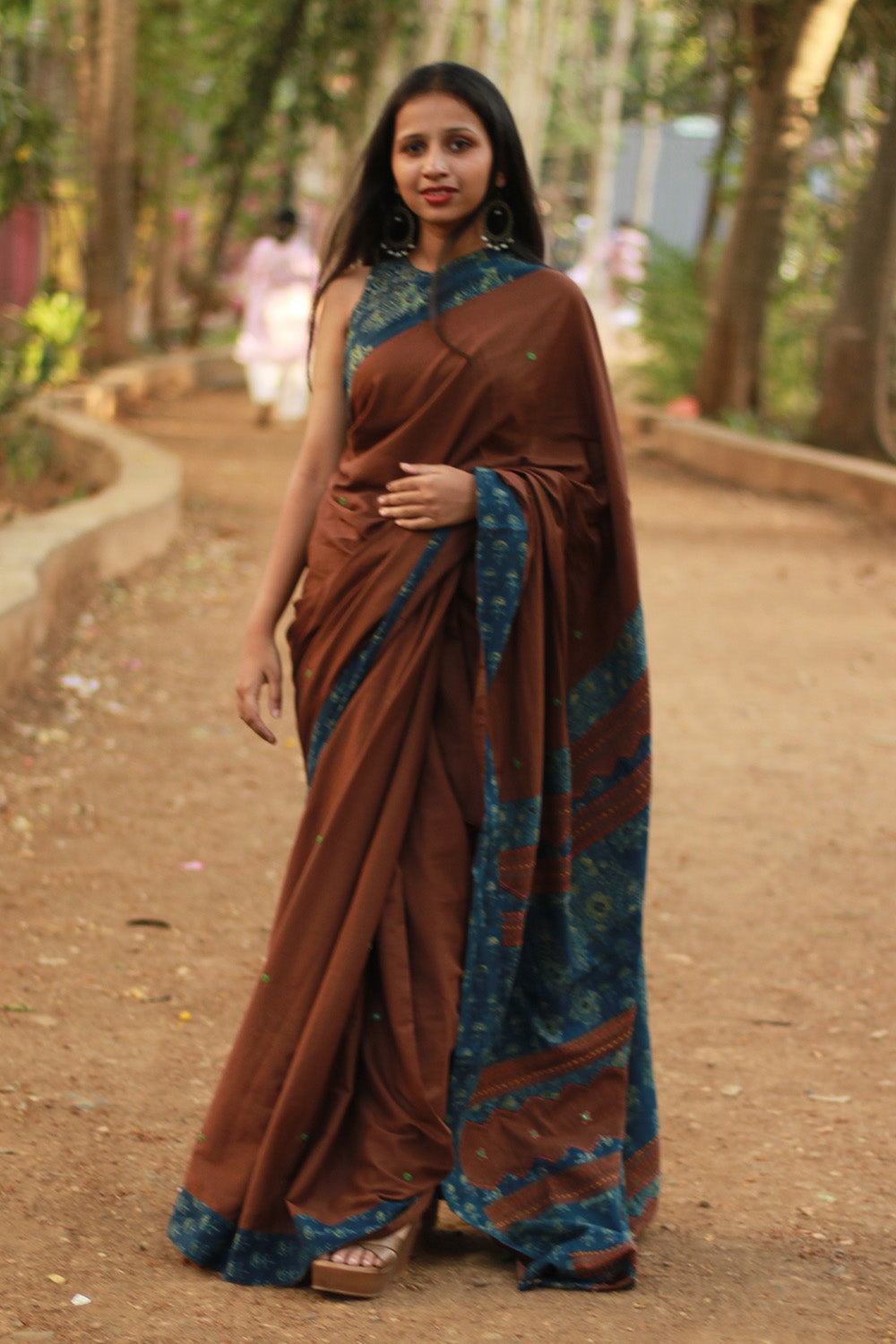 Ajrakh Patchwork Cotton Saree | Chocolate Brown & Ajrakh Blue