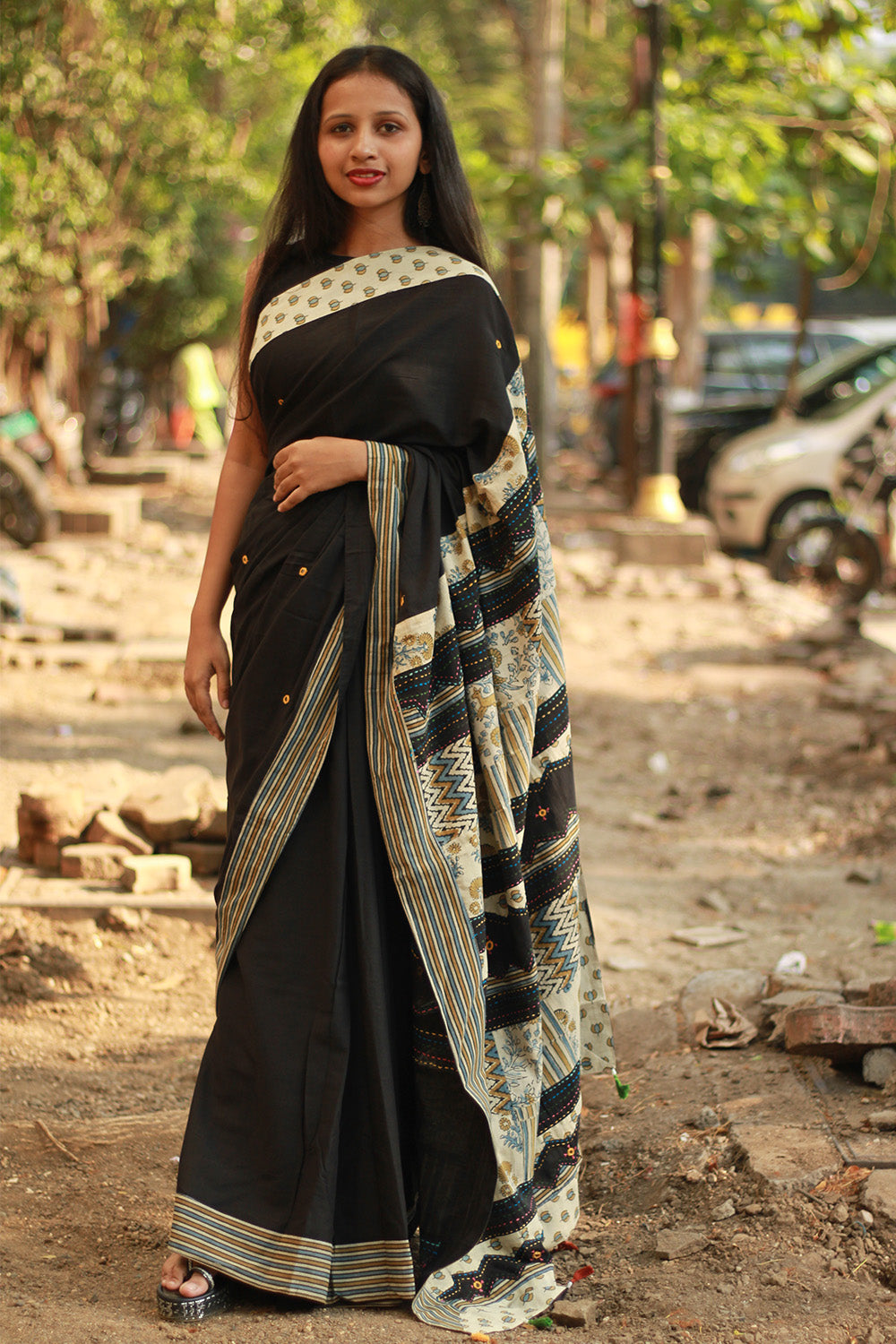 Ajrakh Patchwork Cotton Saree | Black & Ivory