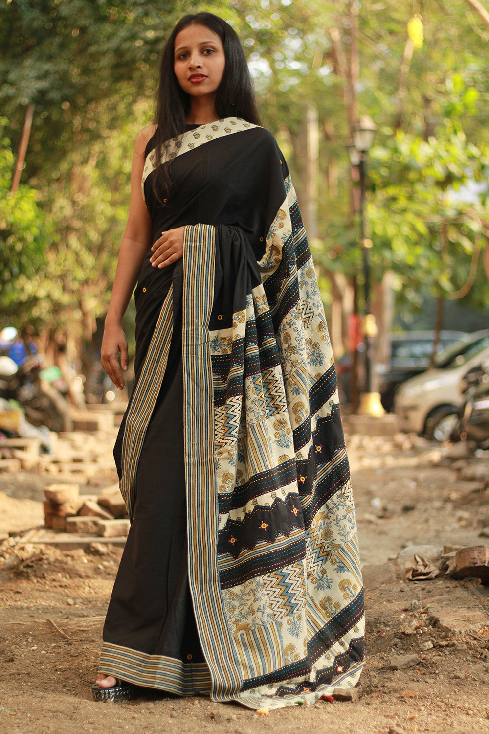 Ajrakh Patchwork Cotton Saree | Black & Ivory