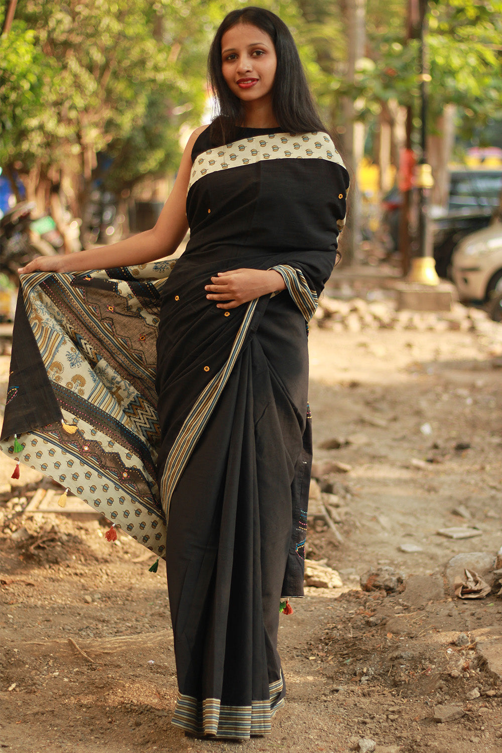 Ajrakh Patchwork Cotton Saree | Black & Ivory