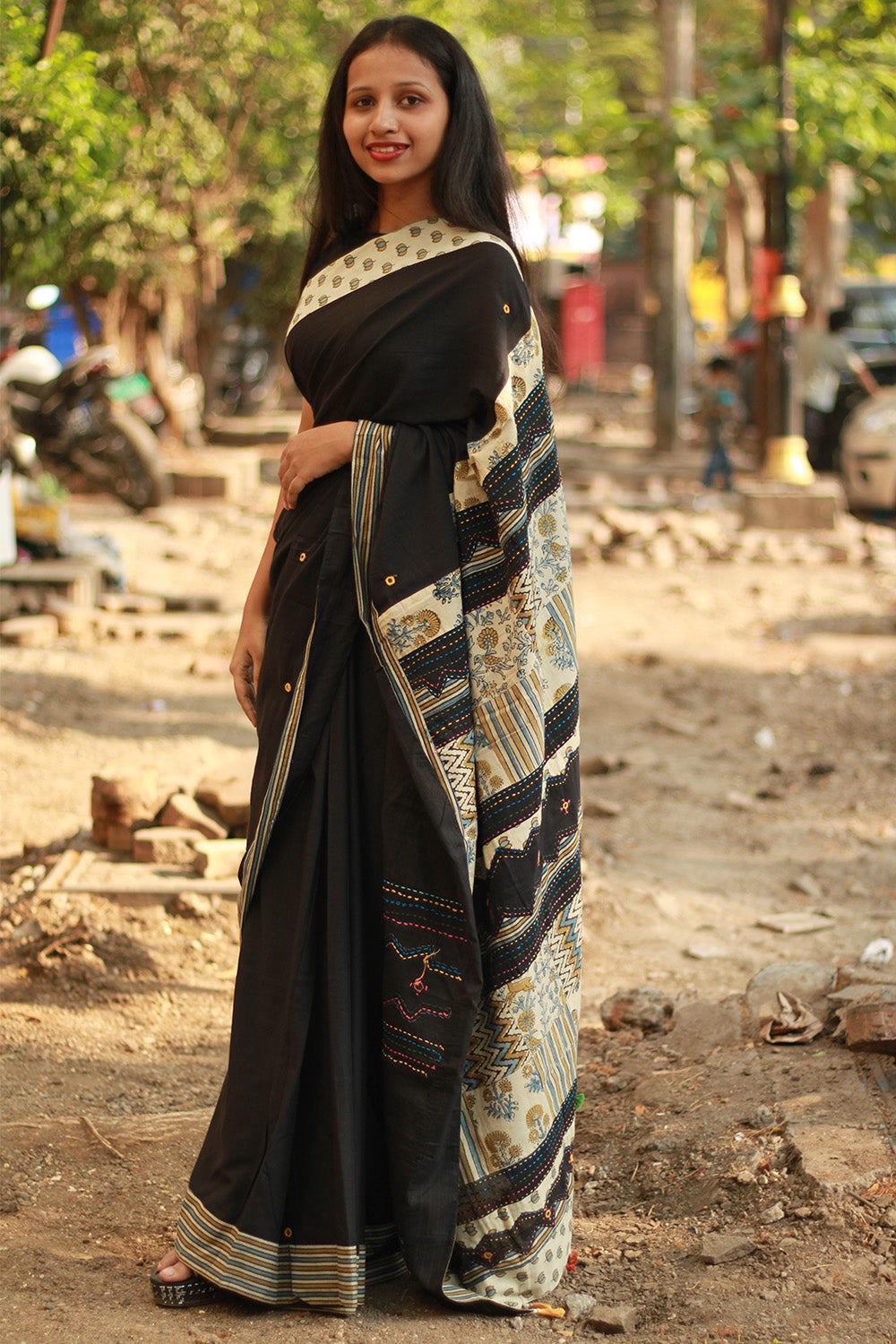 Ajrakh Patchwork Cotton Saree | Black & Ivory