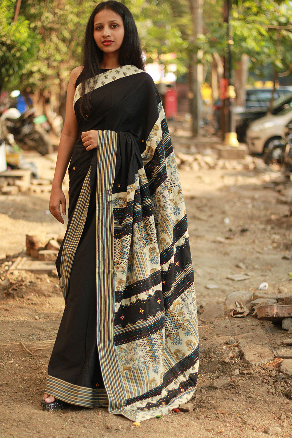 Ajrakh Patchwork Cotton Saree | Black & Ivory