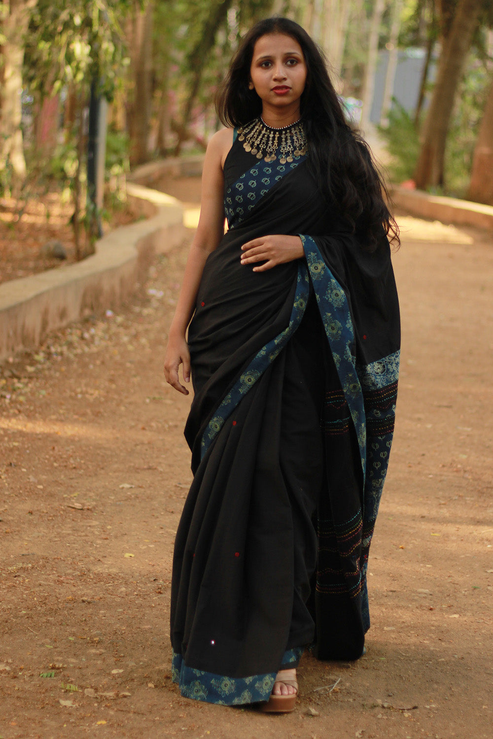 Ajrakh Patchwork Cotton Saree | Black & Ajrakh Dark Blue