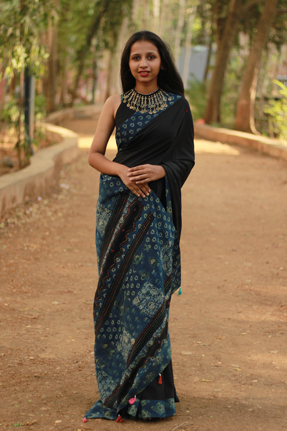 Ajrakh Patchwork Cotton Saree | Black & Ajrakh Dark Blue