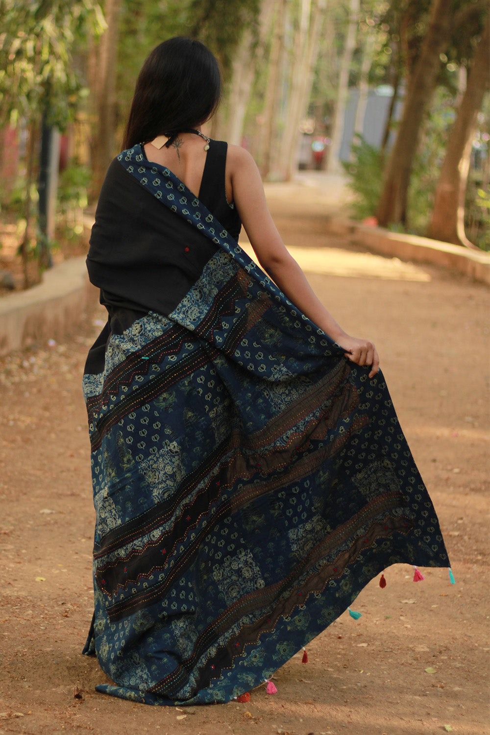 Ajrakh Patchwork Cotton Saree | Black & Ajrakh Dark Blue