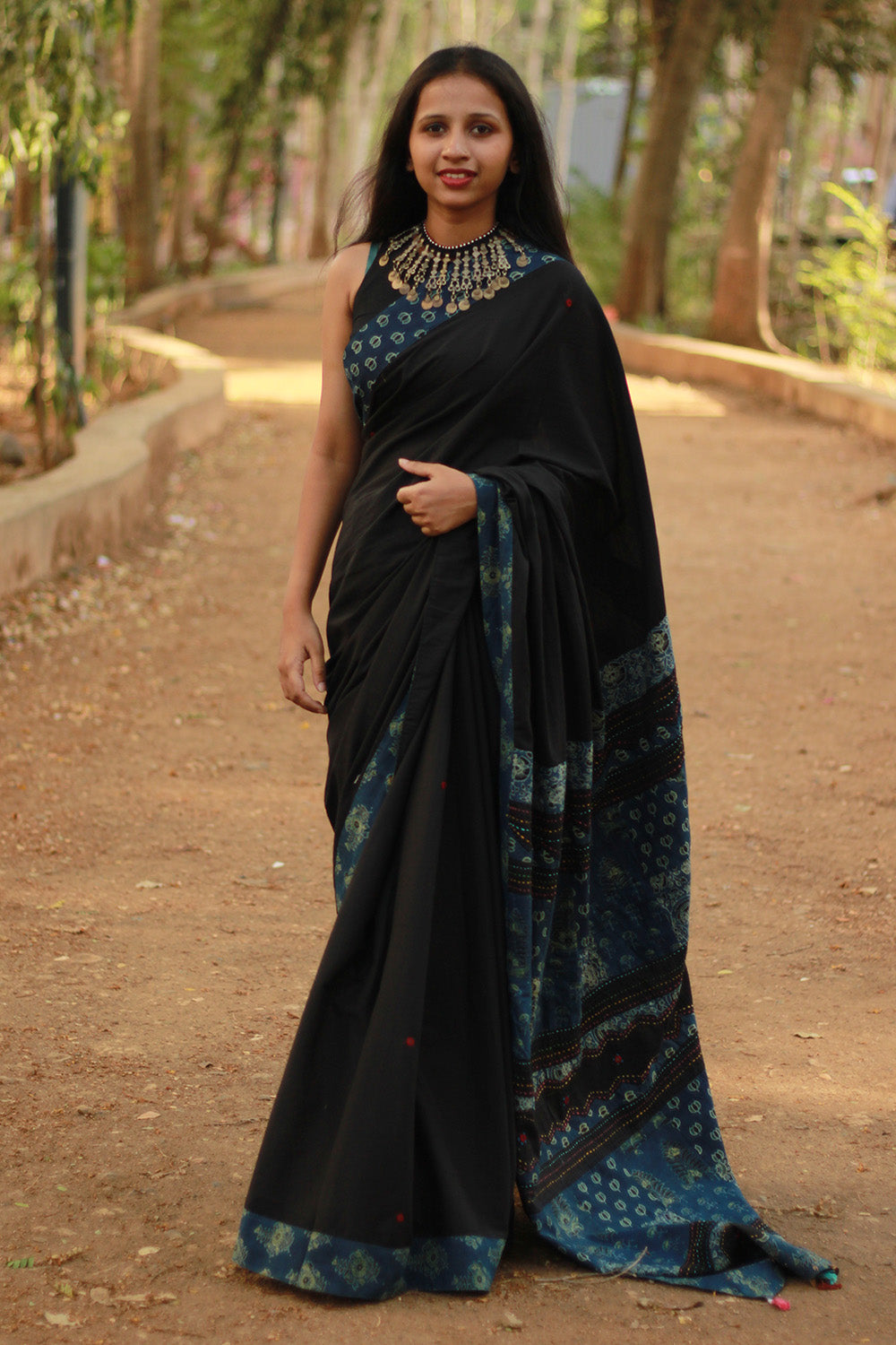 Ajrakh Patchwork Cotton Saree | Black & Ajrakh Dark Blue