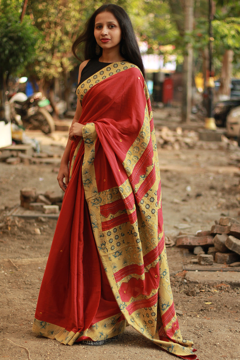 Ajrakh Patchwork Cotton Saree | Rust & Ochre Yellow