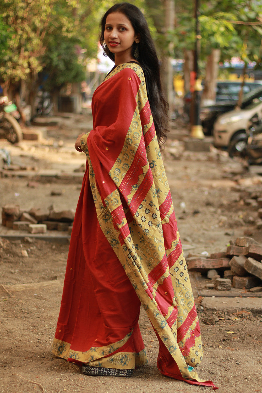 Ajrakh Patchwork Cotton Saree | Rust & Ochre Yellow