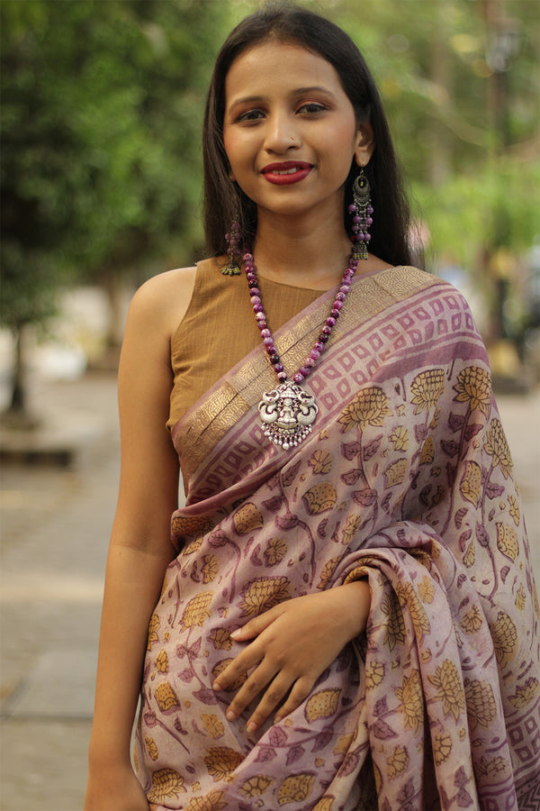 Malini | Dola Silk Saree | Pink Marigold Bagru Vanaspati