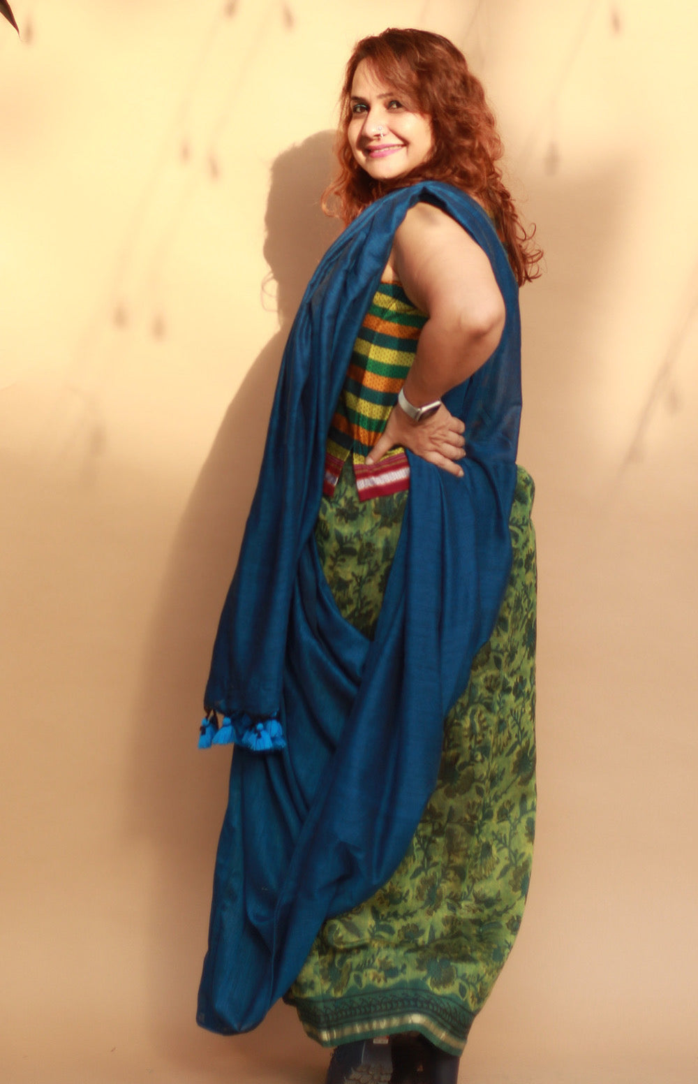 Rangg | Patli Pallu Saree | Chanderi & Mul | Green - Blue