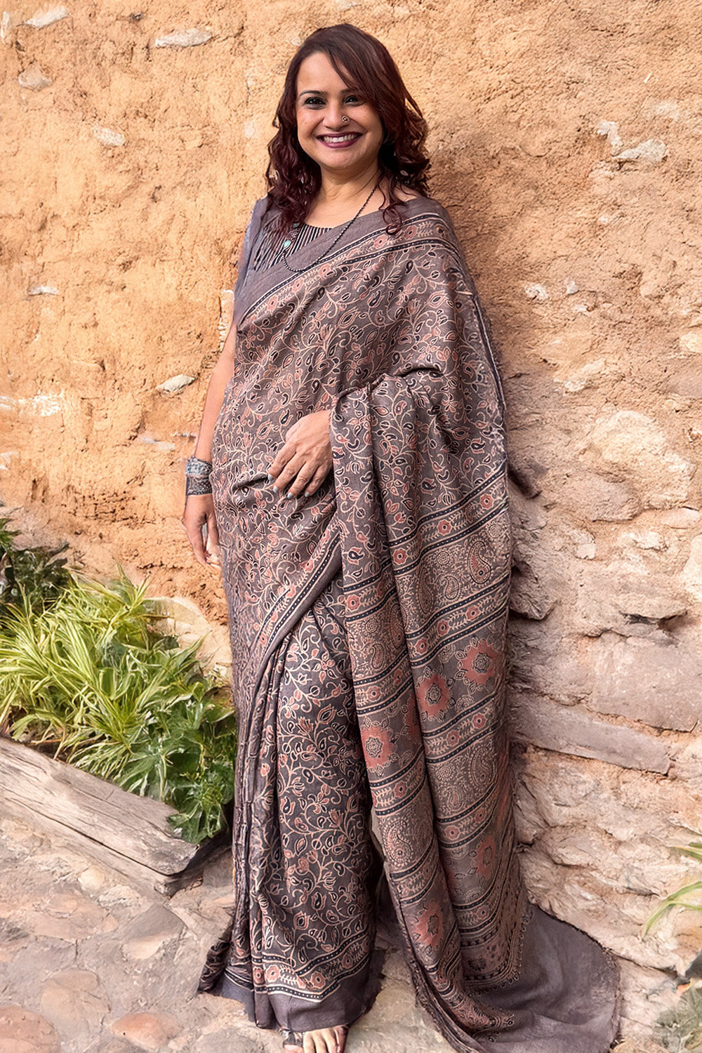 Tussar Silk Saree | Umber Ajrakh