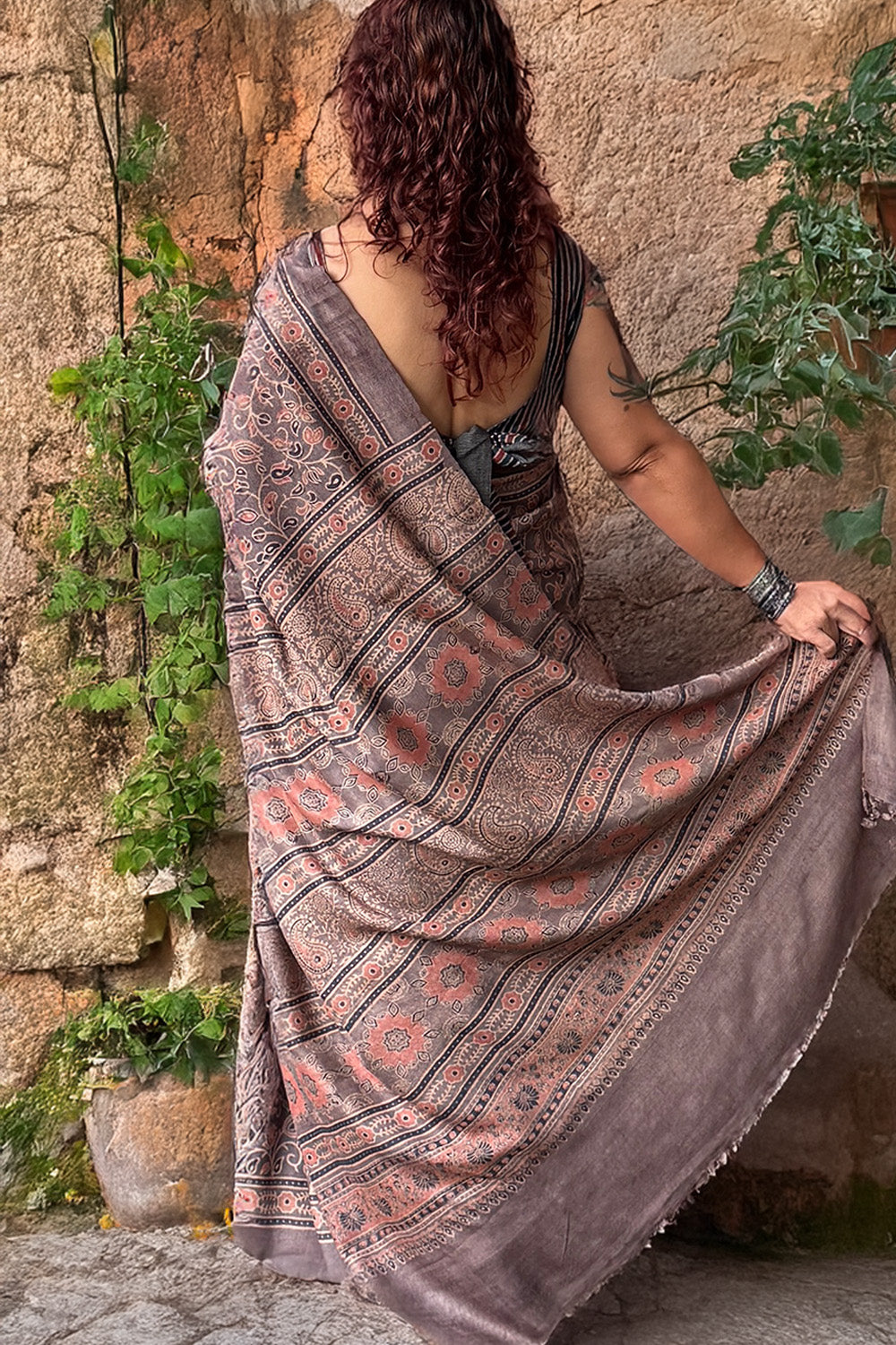 Tussar Silk Saree | Umber Ajrakh