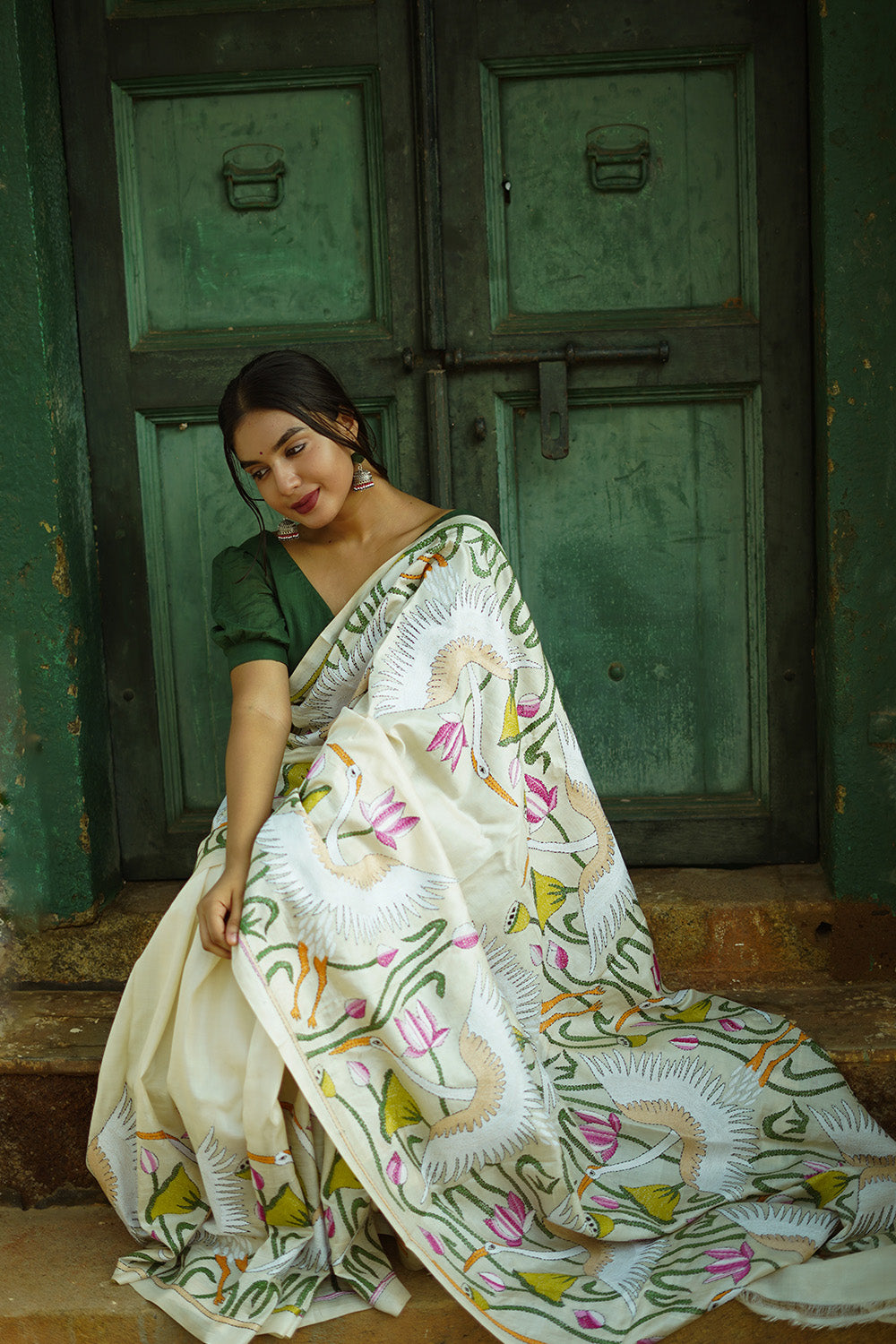 Hamsini | Kantha Tussar Silk Saree | Ivory