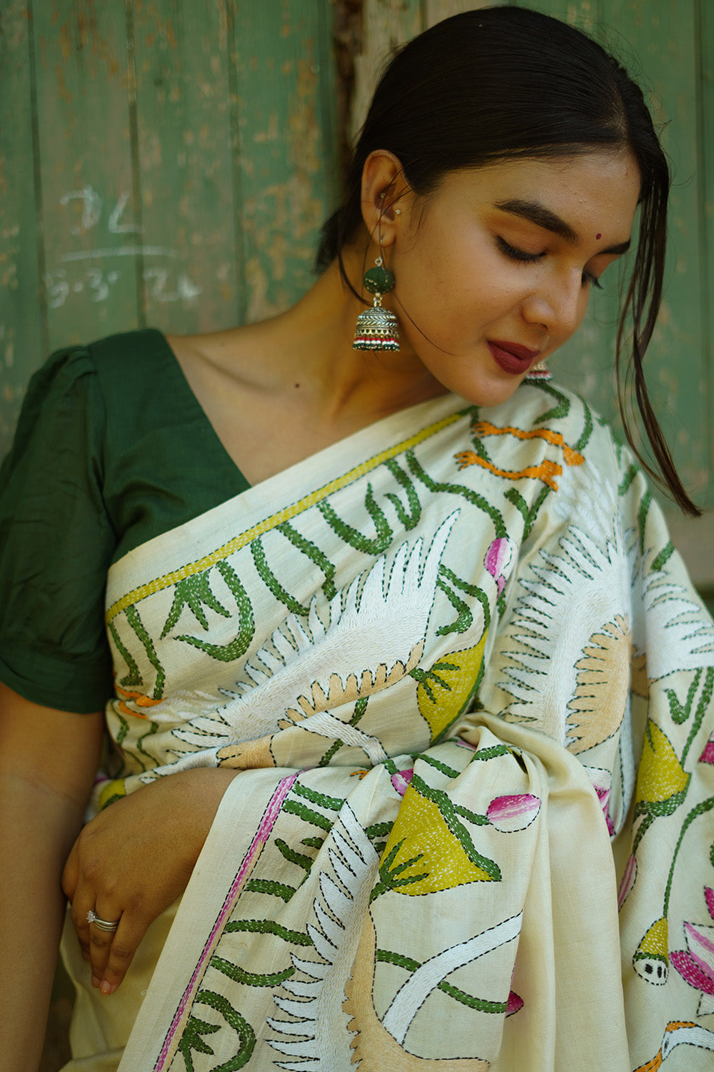 Hamsini | Kantha Tussar Silk Saree | Ivory
