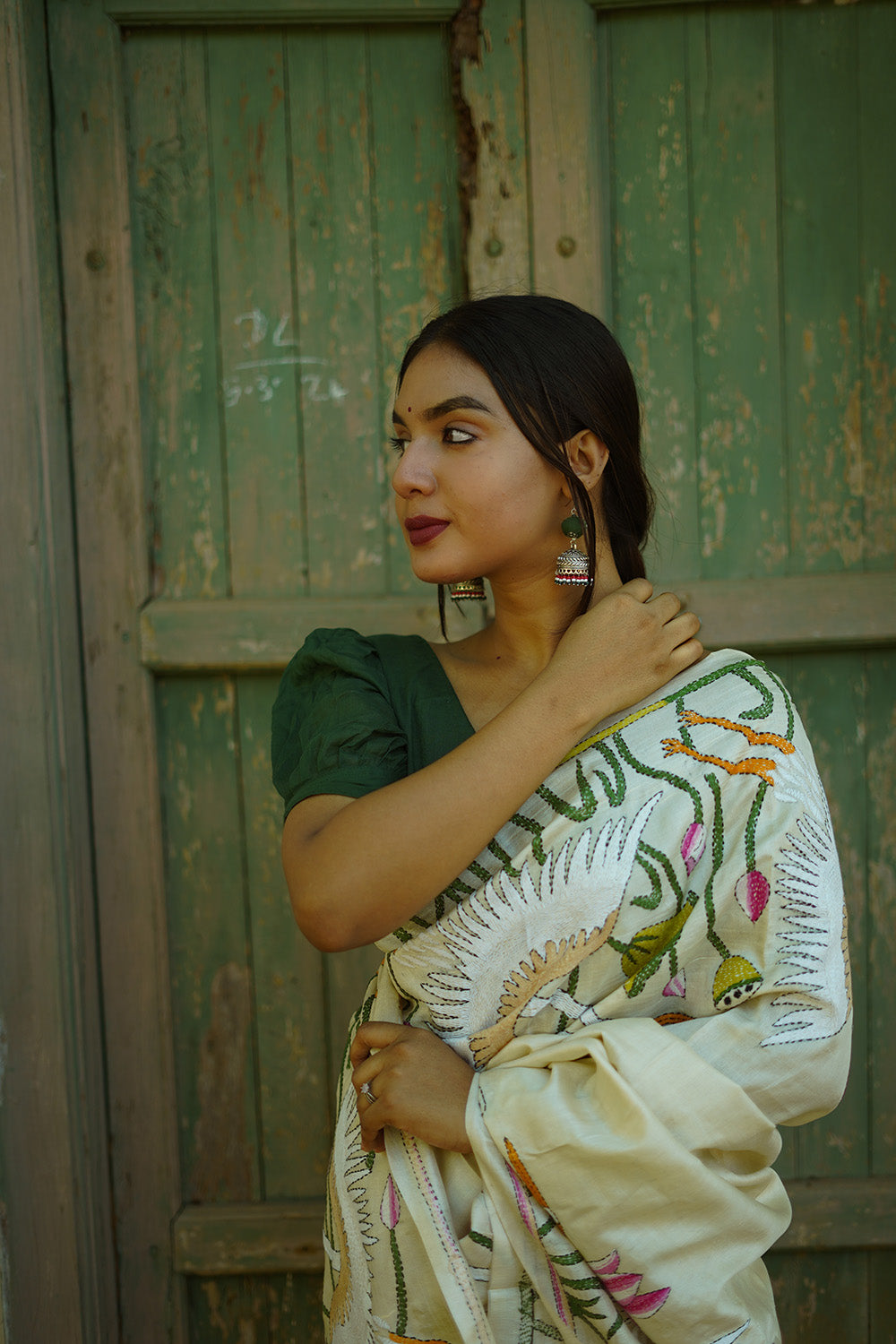 Hamsini | Kantha Tussar Silk Saree | Ivory